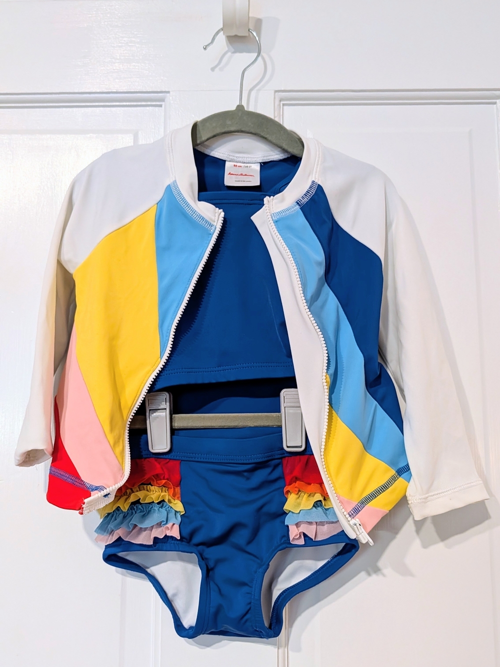 Hanna Andersson White, Navy & Rainbow Stripe Kids Rash Guard Bikini Set